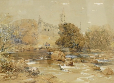 George Cattermole RWS (1800-1868), heightened watercolour, ‘Dunblane Abbey’, unsigned, inscription and Manchester Whitworth Institute Exhibition 1912 label verso, 29 x 39cm, gilt framed. Condition - fair